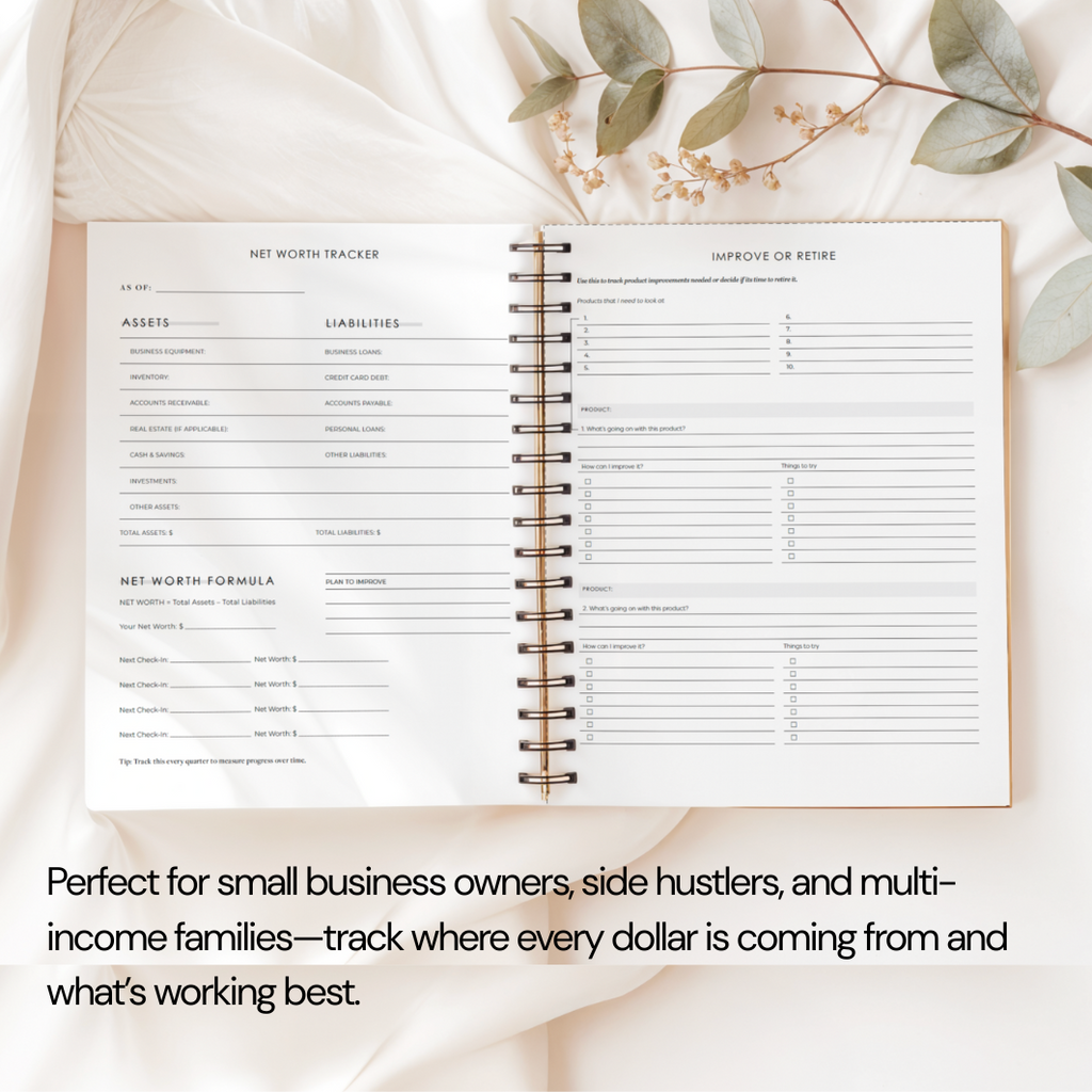 Open notebook with financial tracking pages on a soft background with eucalyptus leaves.