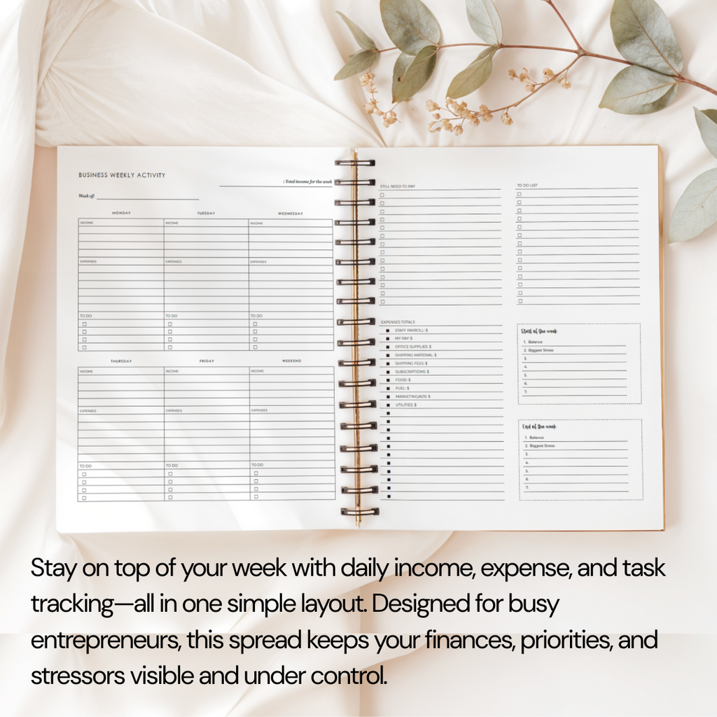 Open planner with financial tracking pages on a soft background with eucalyptus leaves.