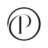 Black monogram logo with a stylized 'P' on a white background