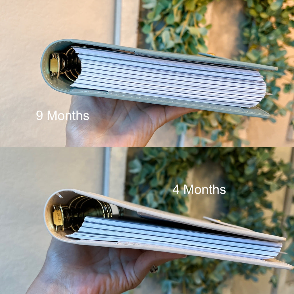 Comparison of a product's development over 9 months versus 4 months, held by a hand with a blurred green background.