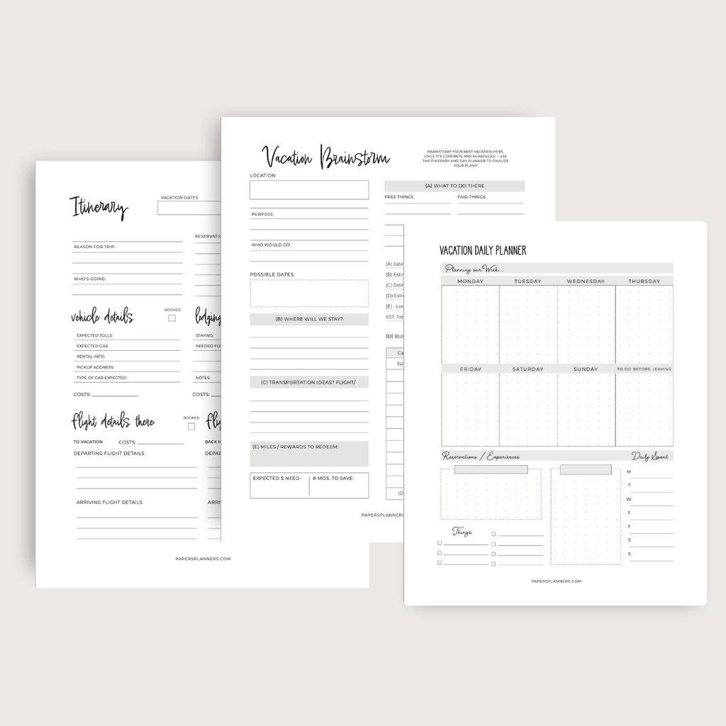Set of vacation planning sheets 