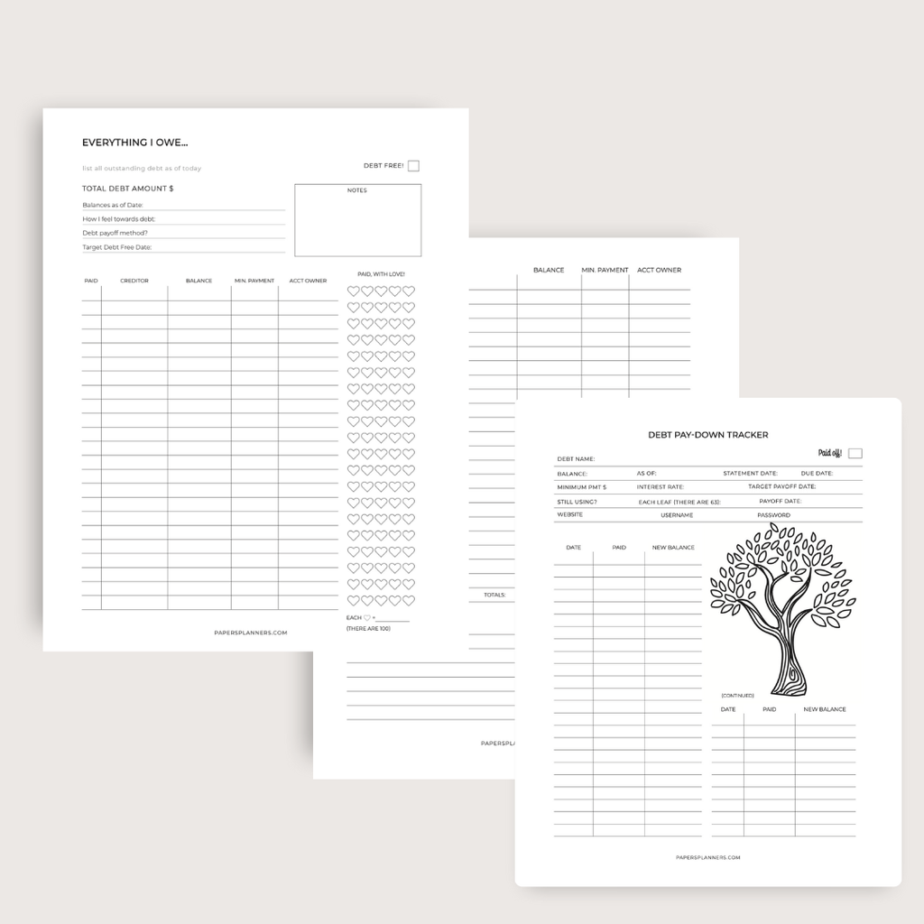 debt paydown trackers, debt free journey, debt free plan