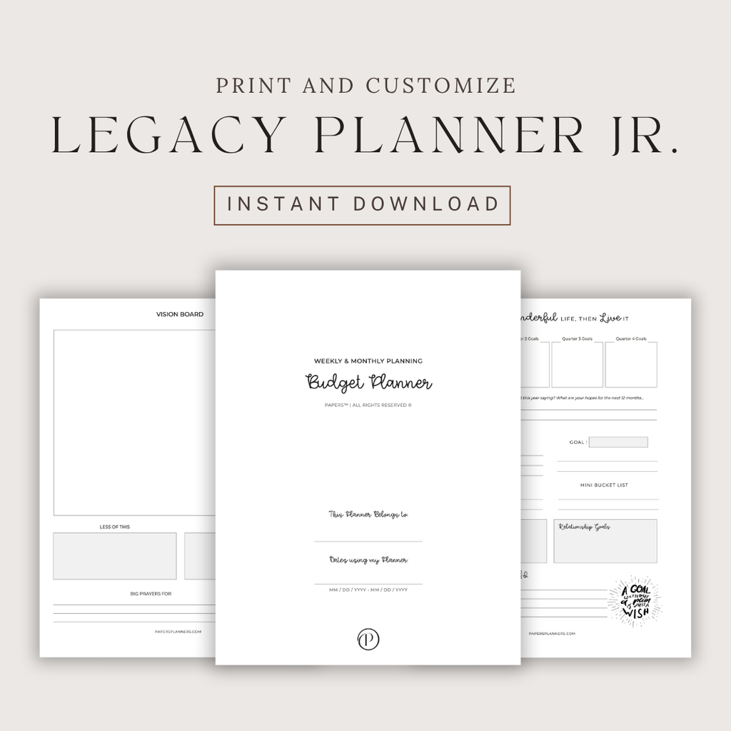 Budget planner interior with monthly and weekly spreads for bills, goals, and expenses