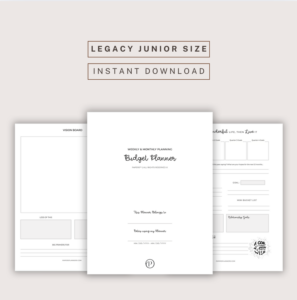 Budget planner interior with monthly and weekly spreads for bills, goals, and expenses.