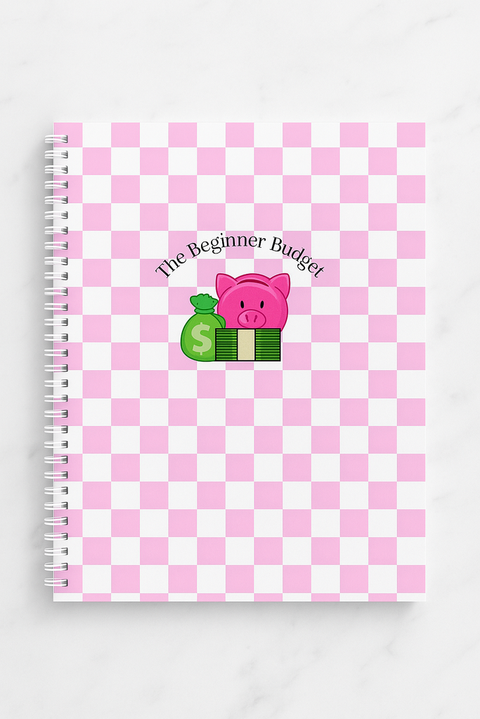 Beginner budget planner with pink checkered cover and simple monthly layouts