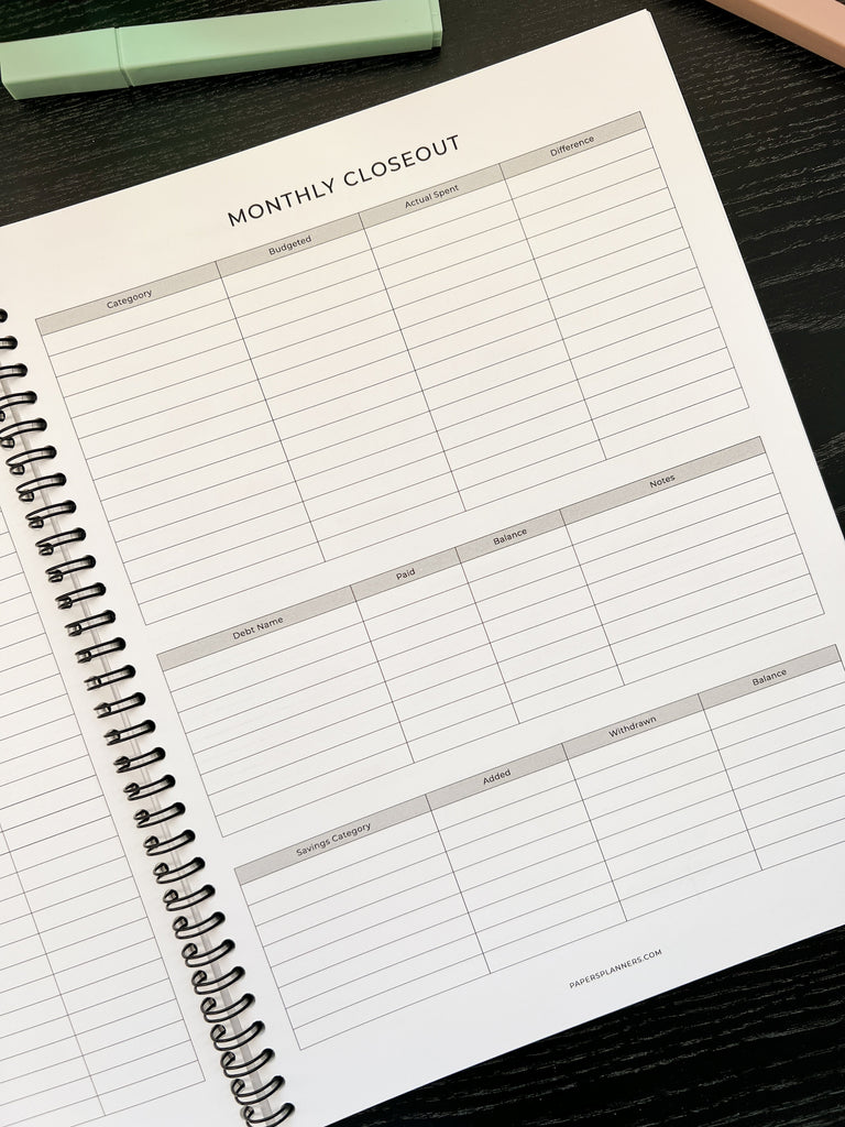 Compact paperback budget planner with expense tracker and summary review pages.
