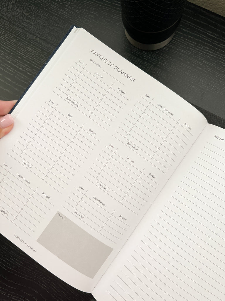 Undated men’s planner showing weekly and monthly layouts for budgeting and productivity