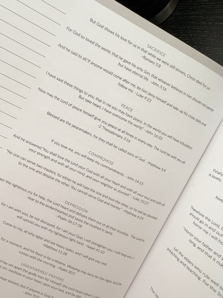 Inside pages of men’s planner featuring task lists and reflection prompts.