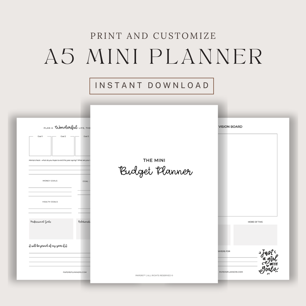 Printable Mini Budget Planner designed for budgeting and savings — undated A5 pages for daily money tracking. A5 Printed Planner inserts.