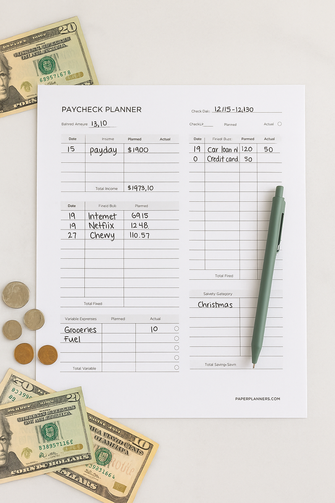 Paycheck Planner budgeting notepad with pen and cash flat lay – track income, bills, savings, and expenses for each paycheck