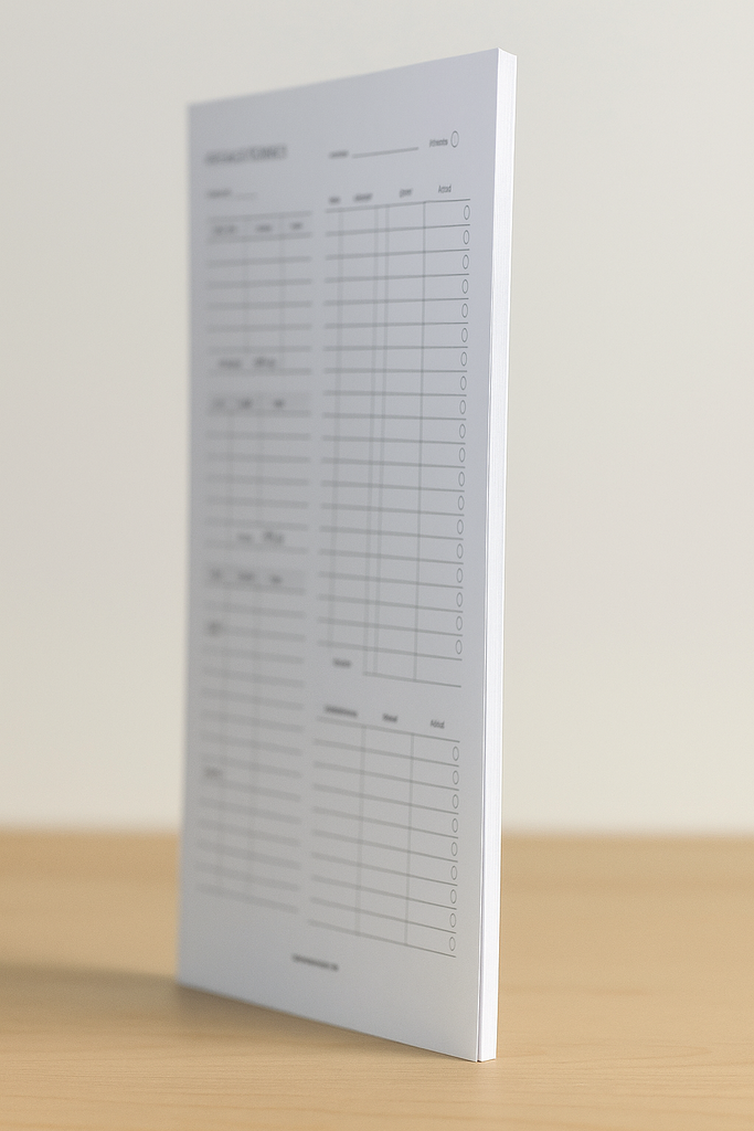 Side view of the Paycheck Planner notepad showing 26-paycheck thickness, glued edge, and premium 70lb paper