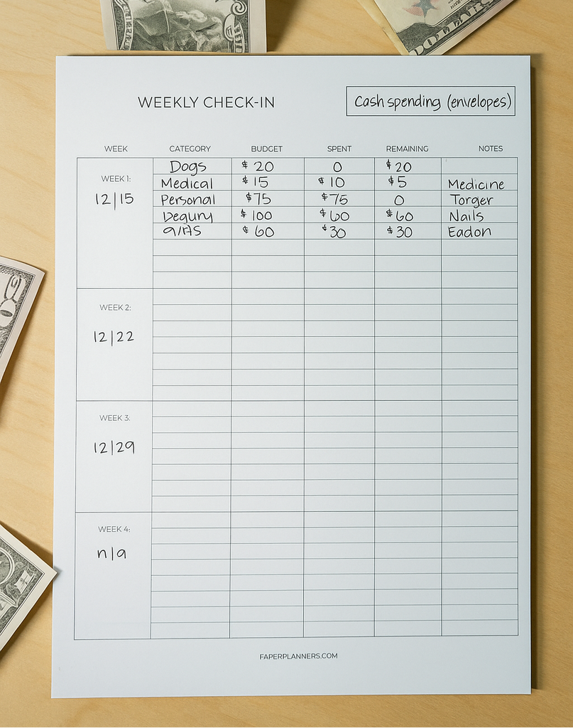 Weekly Check-In budgeting sheet for cash envelope spending – track weekly categories, budgets, and remaining amounts