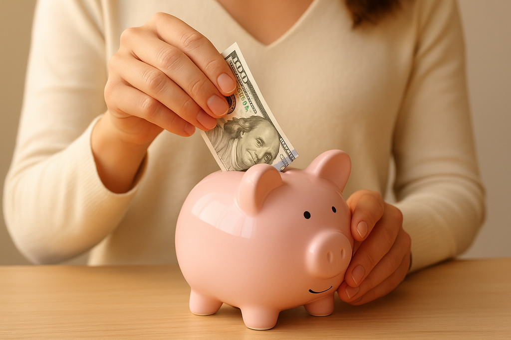 woman putting cash in a pink piggy bank